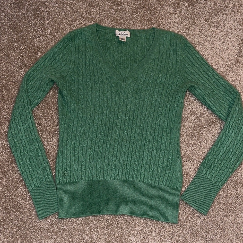 LILLY PULITZER • Green Cable V-Neck Sweater  • Cashmere • Small